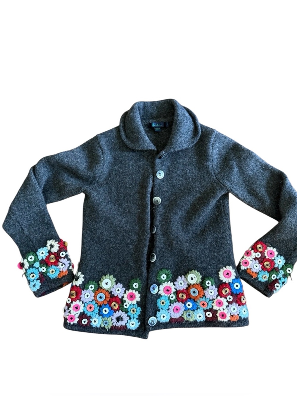 Boden Gray Wool Blend Floral Embroidered Button Cardigan Jacket Kids’ US 10